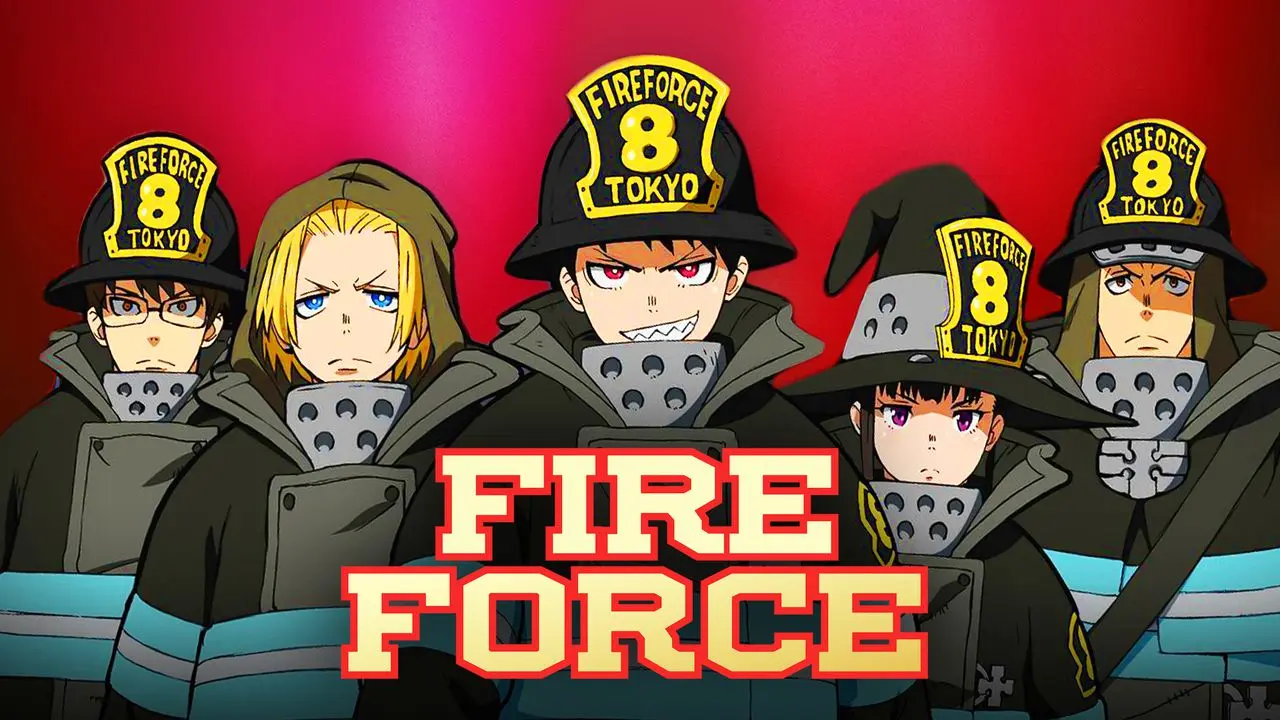 Shinra, Arthur, Maki, Akitaru and Hinawa In Fire Force Suits